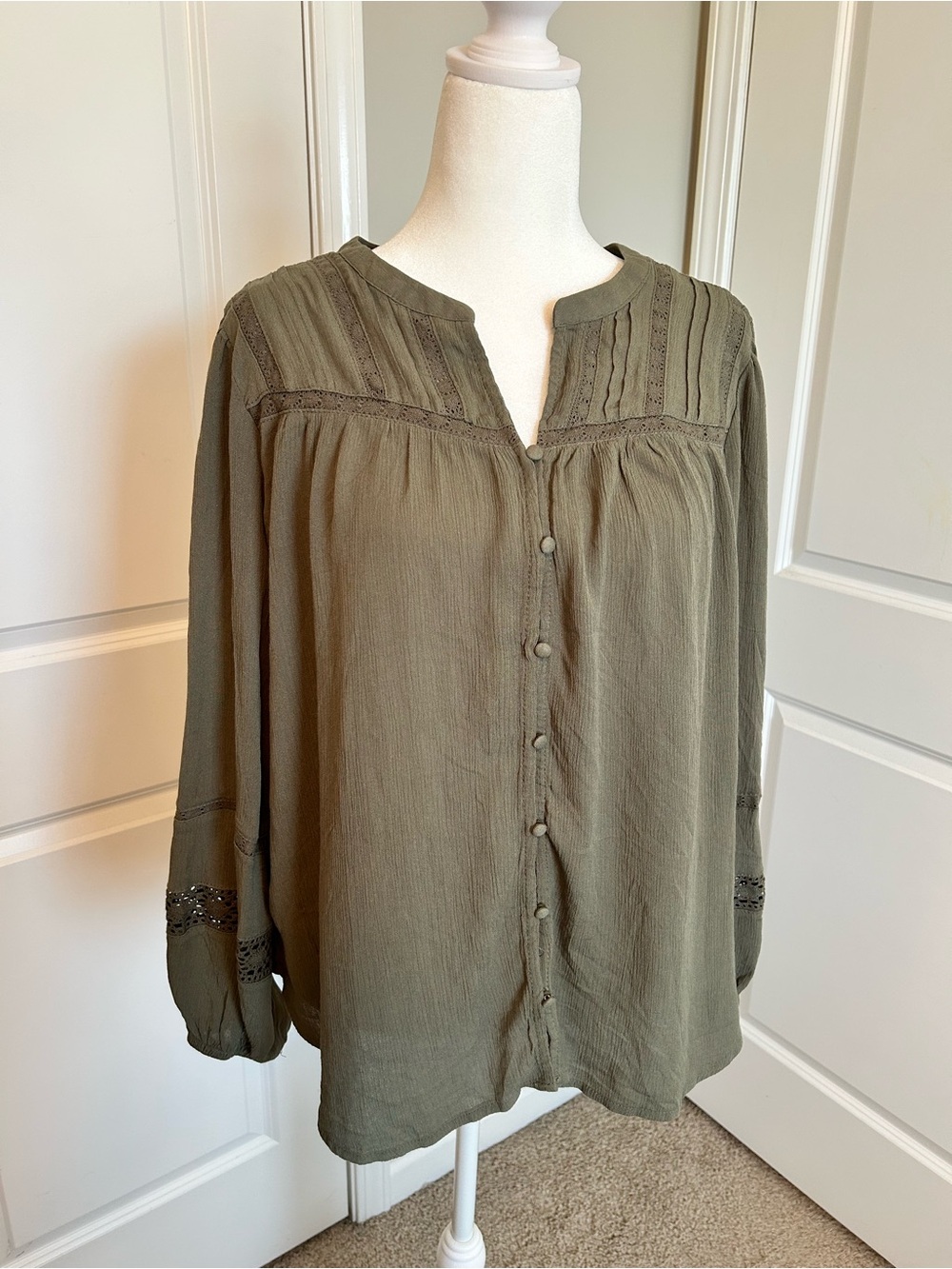 Maurices Olive Green Button-Front Peasant Blouse - Picture 1 of 10